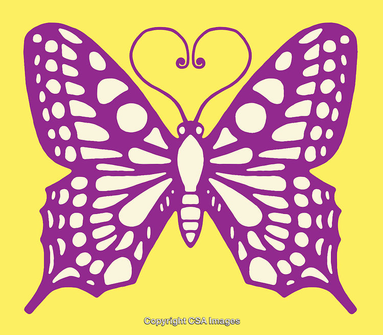 Vibrant Purple Butterfly Line Art Illustration on Yellow Background