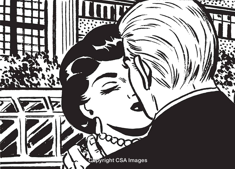 Vintage Black and White Illustration of Couple Sharing Romantic Moment