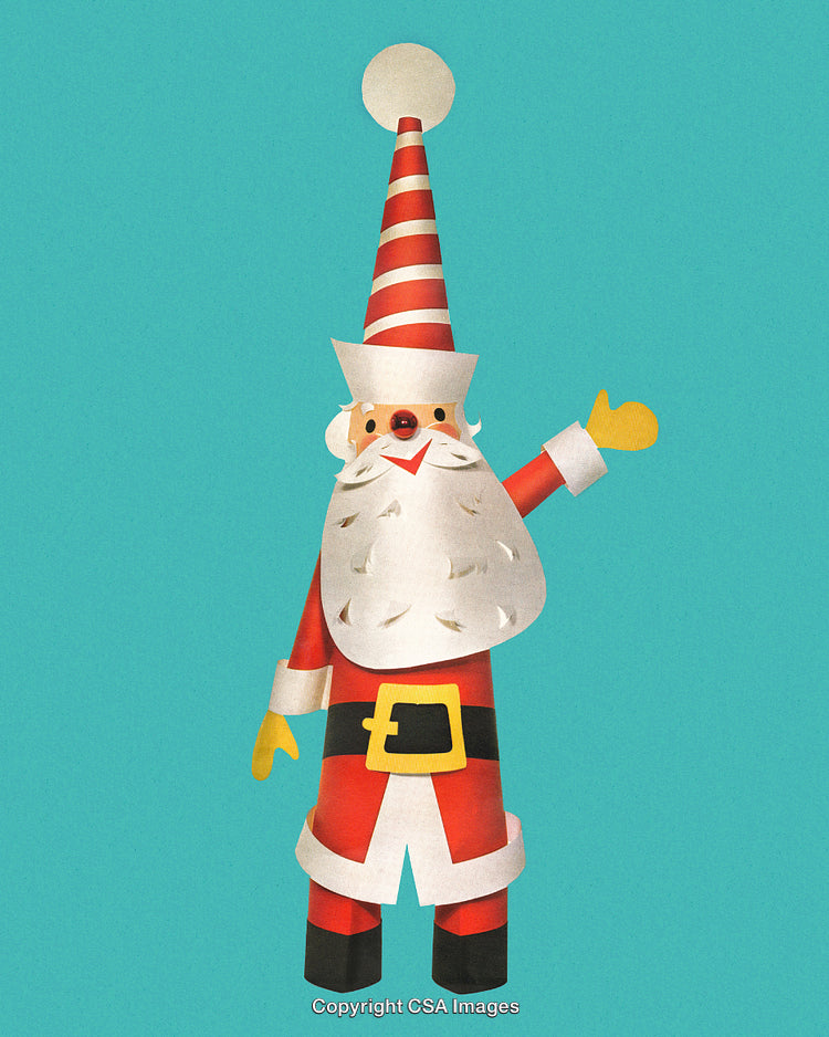 Colorful Stylized Illustration of Santa Claus Waving on a Blue Background