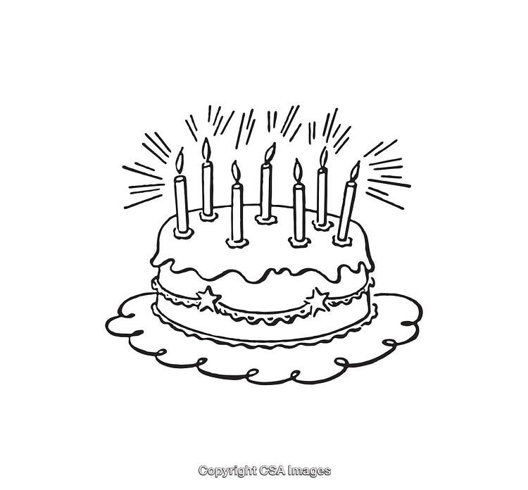 Hand-Drawn Birthday Cake Illustration with Six Candles and Decorative Accents