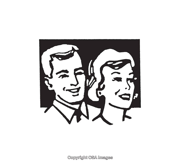 Vintage Black and White Line Art of Smiling Couple Portrait