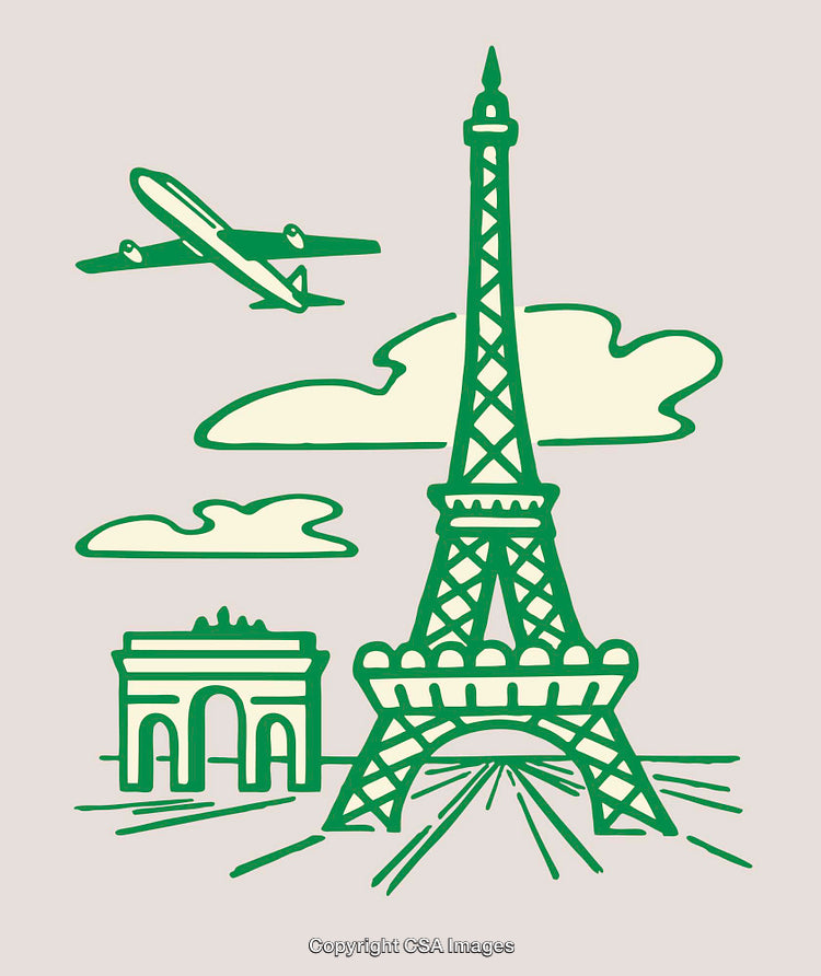 Vintage Style Paris Illustration Featuring Eiffel Tower and Airplane