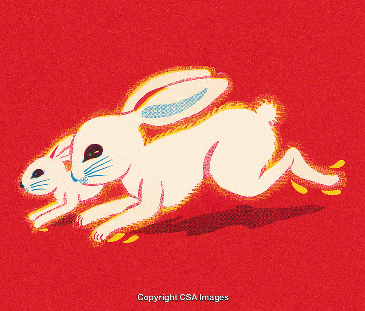 Vintage Illustration of Two Running Rabbits on Solid Red Background