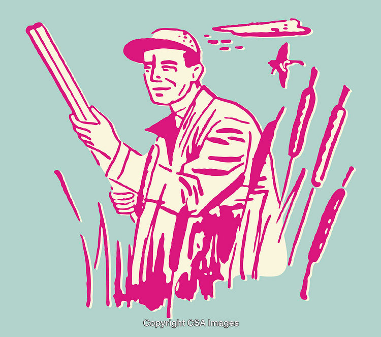 Illustration of a Hunter in a Marshland Setting with Wild Birds