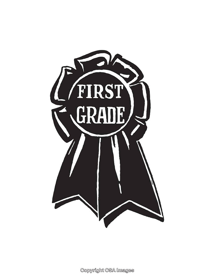 Black and White First Grade Ribbon Design in Line Art Style