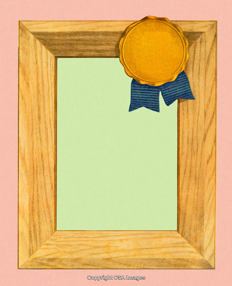 Wooden Frame With Yellow Seal on Pink Background