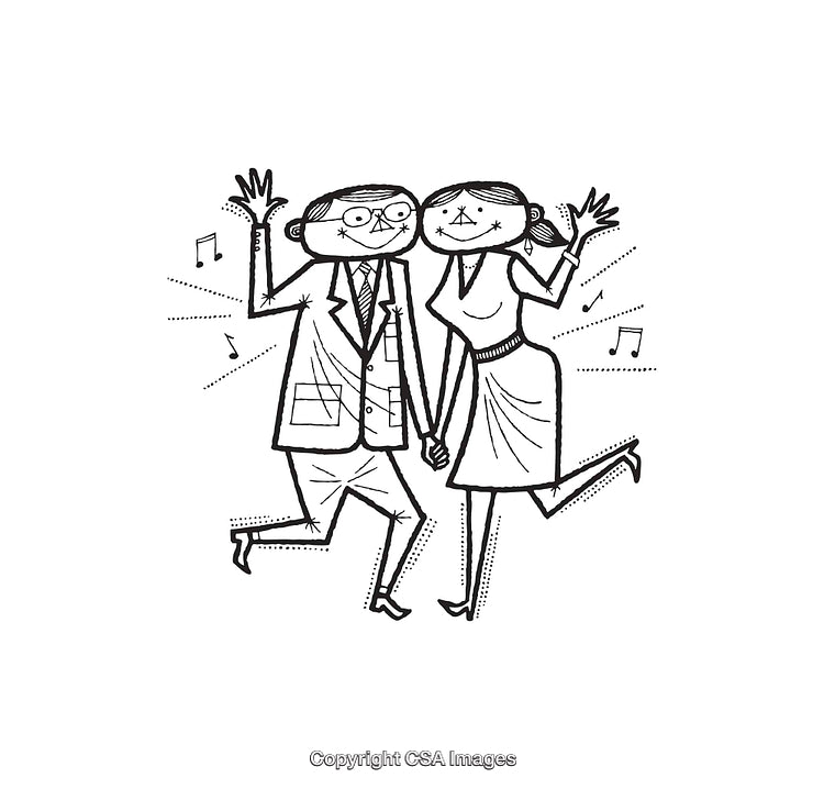 Charming Line Art Illustration of Cheerful Dancing Couple in Joyful Pose