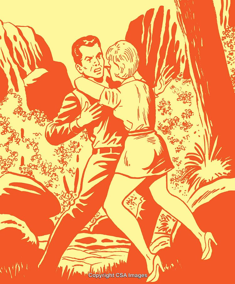Retro Illustration of Couple in a Dramatic Hugged Pose Outdoors