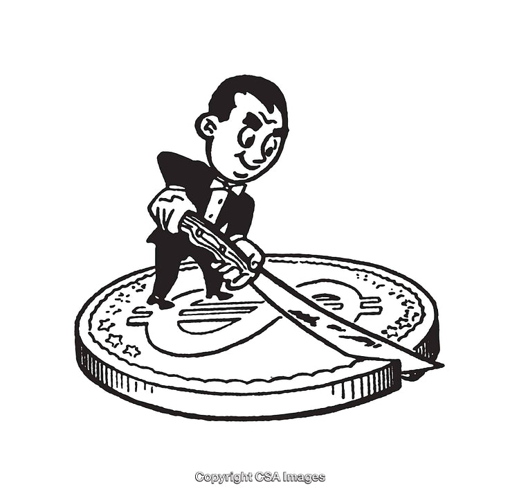 Black and White Illustration of a Man Slicing a Coin Symbolizing Money