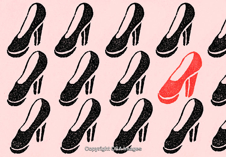 Distinguished Red High Heel Shoe Among Black Shoes on Pink Background