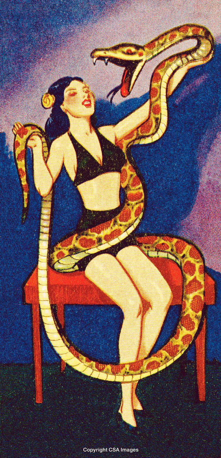 Vintage Illustration of Woman With Snake in a Dramatic Scene