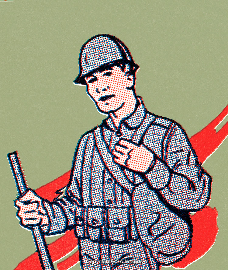 Vintage Soldier Illustration Representing Strength and History in Bold Colors