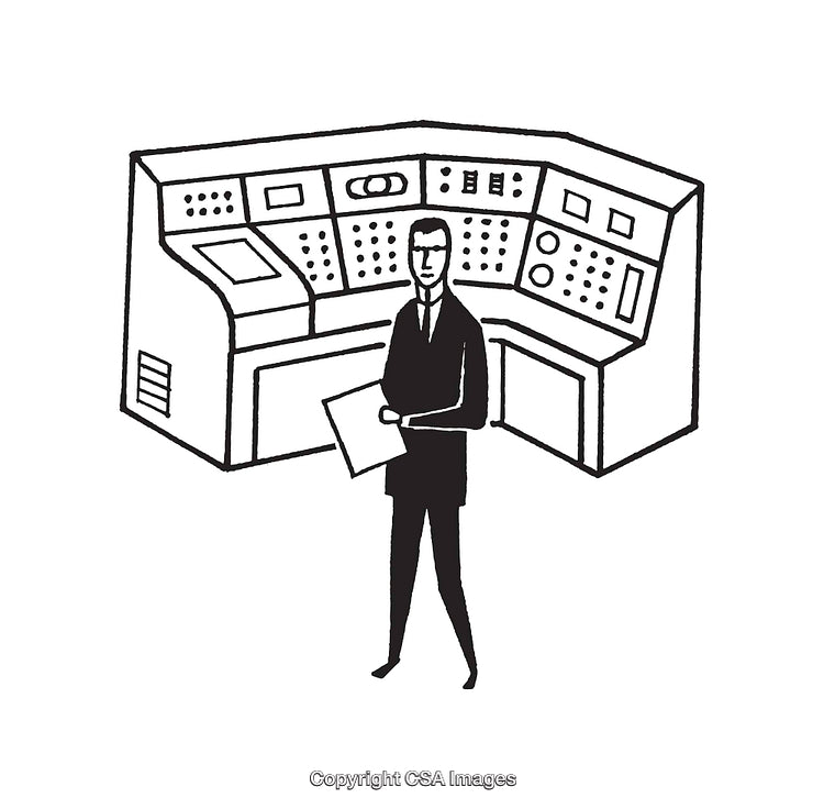 Businessperson Standing in Front of Modern Control Panel Line Art Illustration
