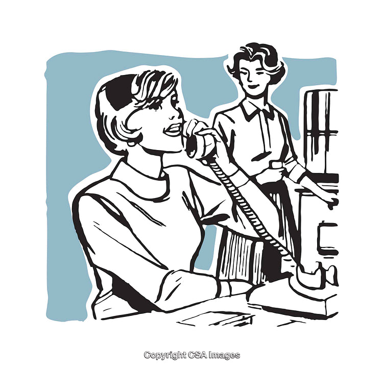 Retro Illustration of Women in a Vintage Office Environment