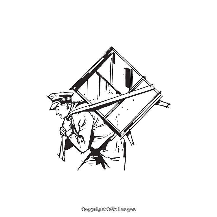 Black and White Illustration of a Worker Carrying a Window Frame
