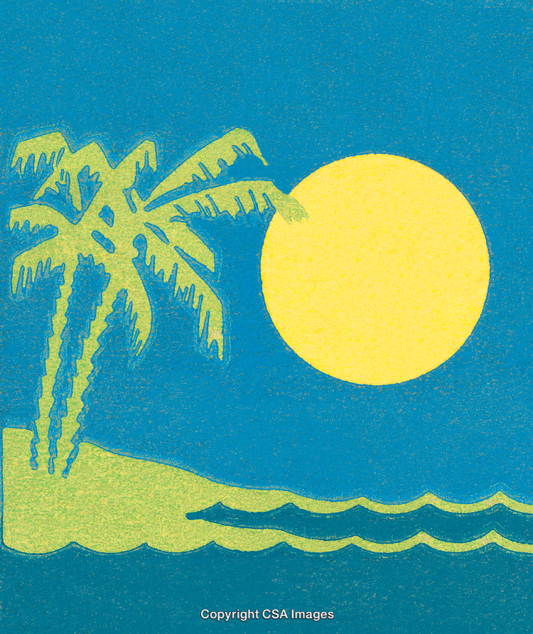 Tropical Sunset Illustration Featuring Palms and Ocean Waves Under a Bright Yellow Sun