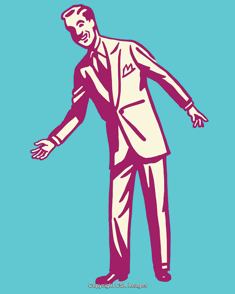 Retro Style Man in Suit Offering Polite Gesture on Vibrant Background
