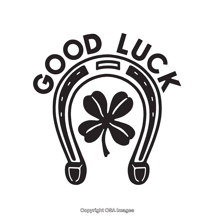 Black And White Illustration of a Horseshoe and Four-Leaf Clover with Text