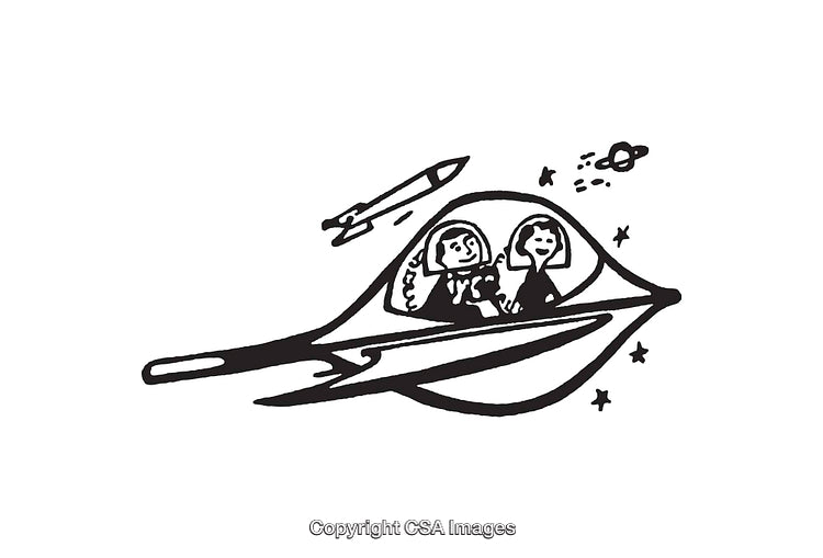 Cartoon Style Space Travel with UFO and Astronaut Characters in Line Art