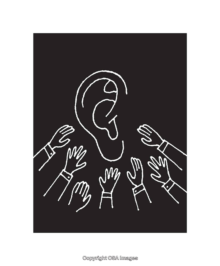 Black and White Line Art Showing Hands Reaching Toward an Ear