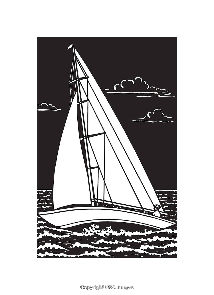 Black and White Line Art of a Sailboat on the Open Sea