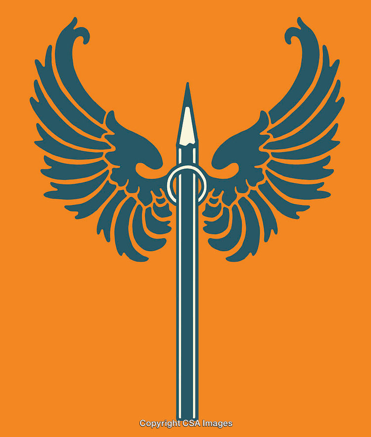 Symbolic Pen and Wings Artwork with Bold Orange Background