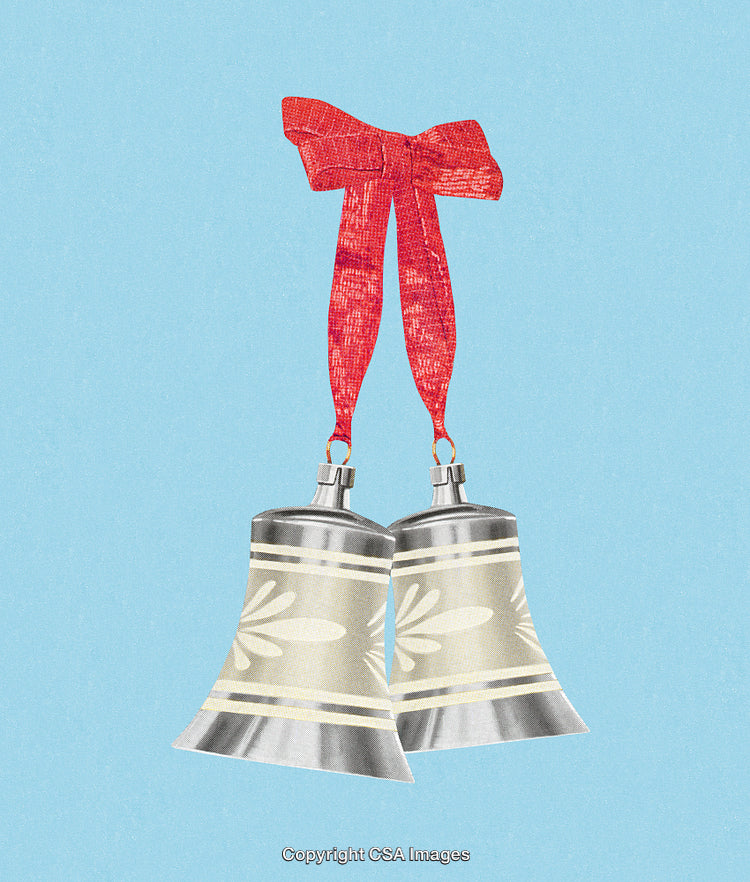 Festive Silver Bells With Red Bow Against Light Blue Background