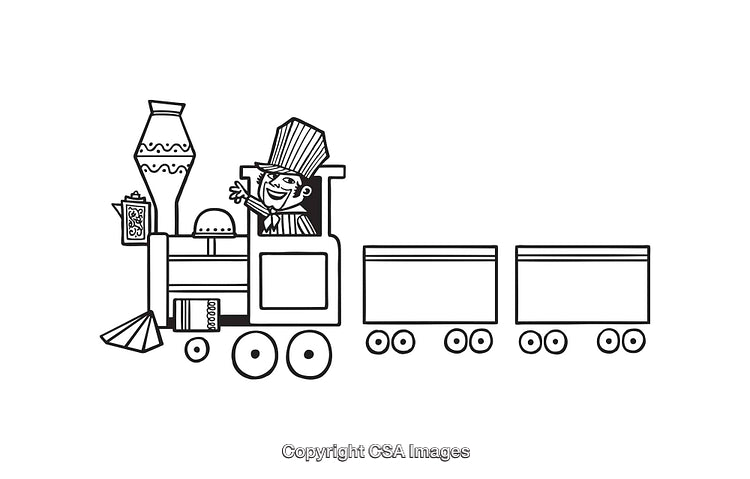 Black and White Line Art Illustration of a Train With a Smiling Conductor