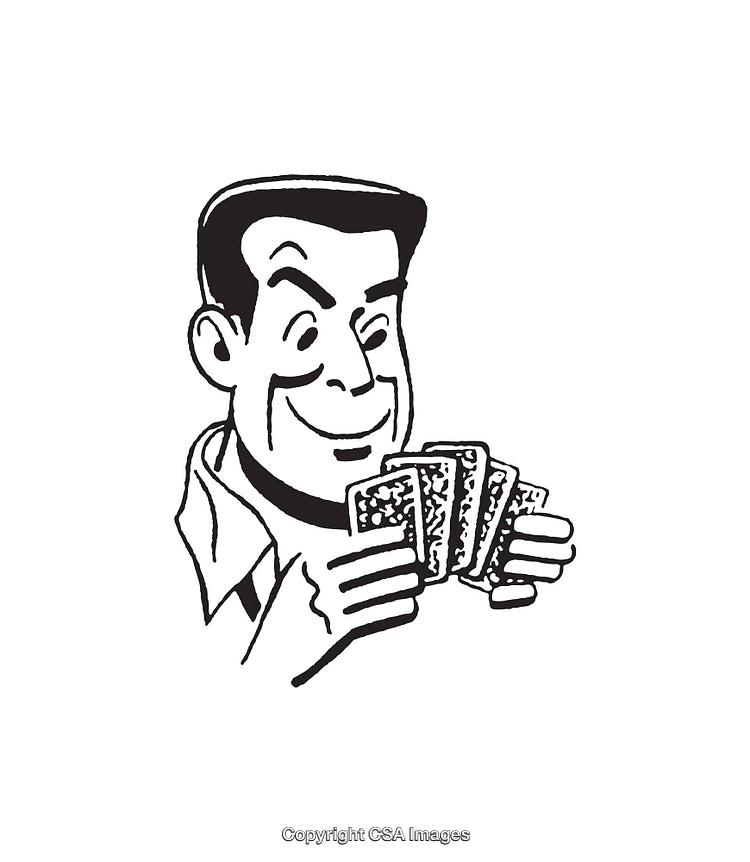 Retro Black and White Illustration of a Man Holding Playing Cards