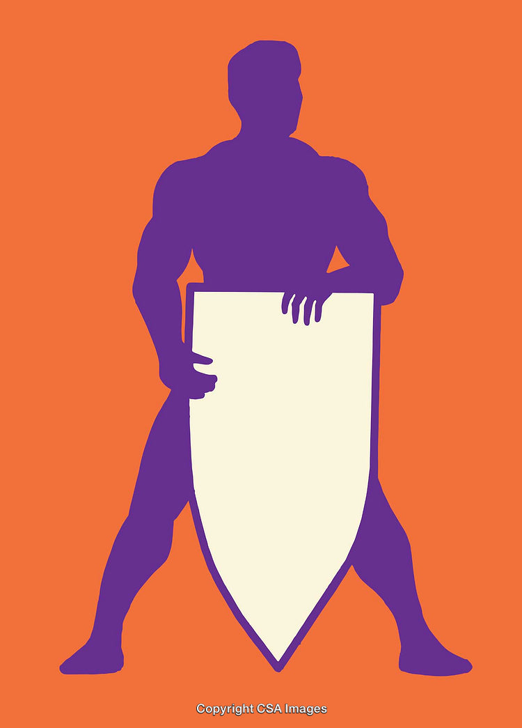 Silhouetted Figure Holding a Shield on Vibrant Abstract Background