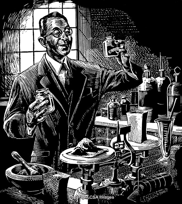 Detailed Black and White Engraving of a Scientist in a Laboratory