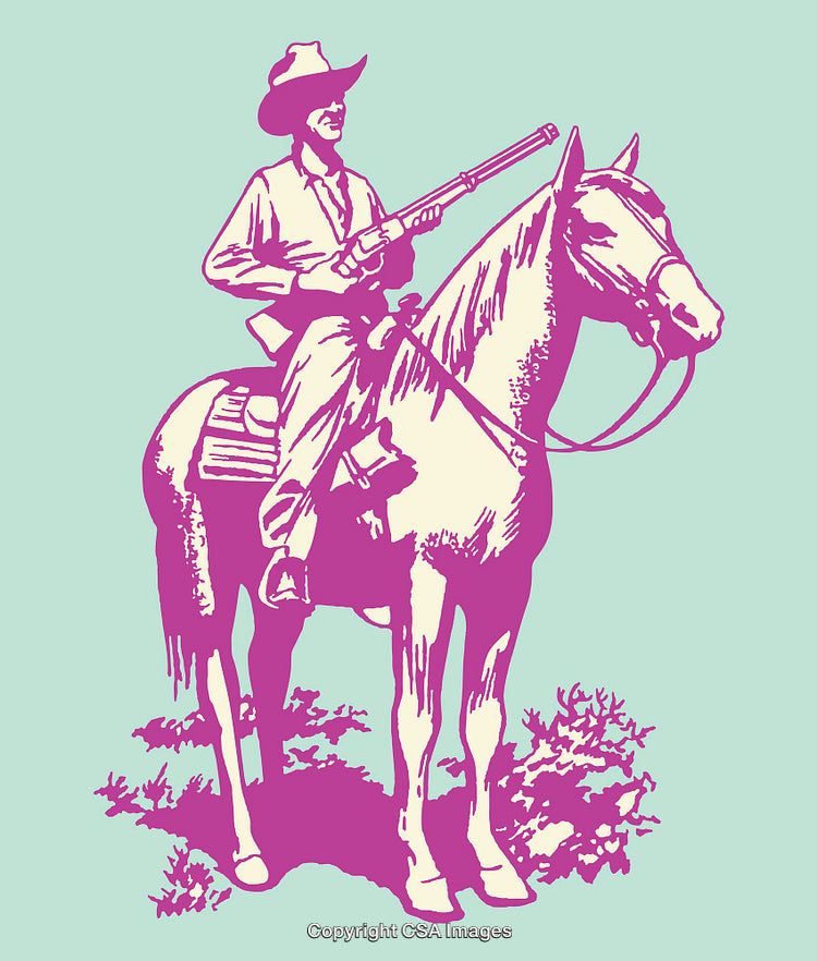 Vintage Line Art Illustration of Cowboy Riding Horse with Rifle