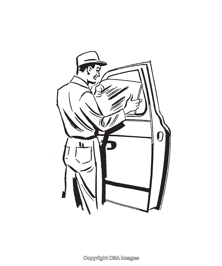 Man Installing Window on Vehicle Door - Black and White Line Art