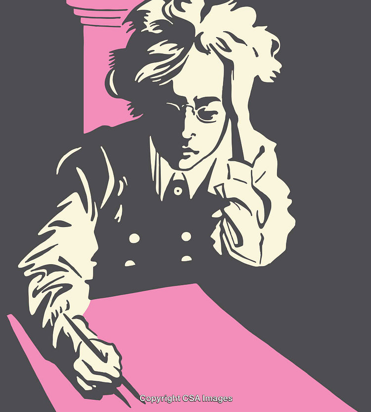 Creative Illustration of a Pensive Writer Sketching on a Colored Background