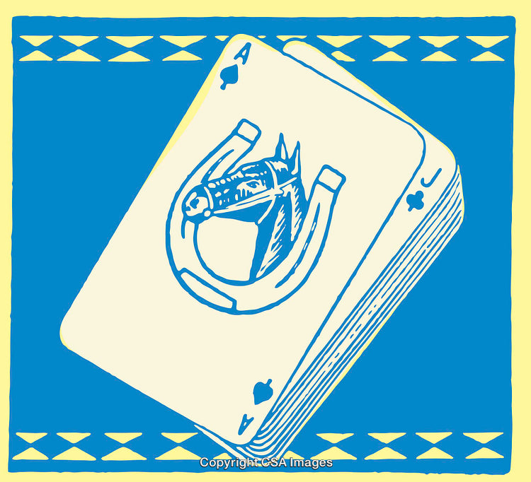Illustrated Playing Cards Featuring Horse and Horseshoe on a Bold Blue Background