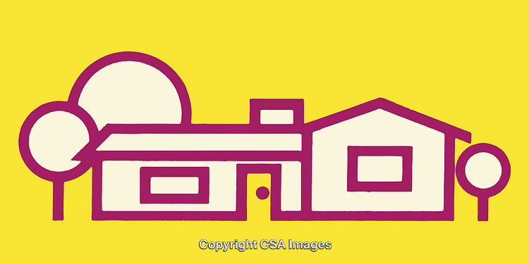 Minimalist Line Art of House with Trees on Yellow Background