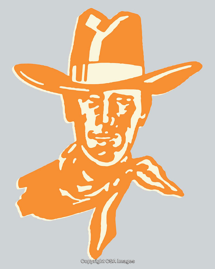 Vintage Cowboy Illustration in Orange and Cream on Gray Background