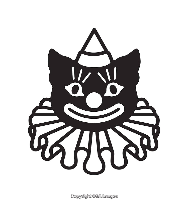 Black and White Line Art of a Cat in Clown Costume