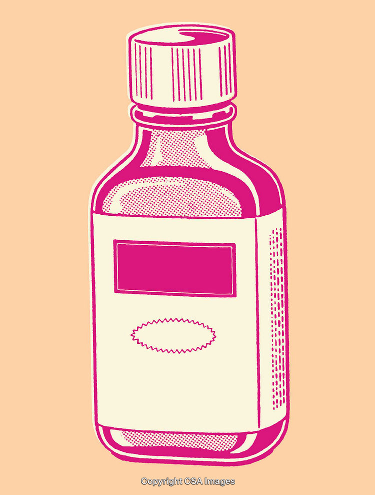 Vintage Line Art Illustration of a Classic Medicine Bottle on Beige Background