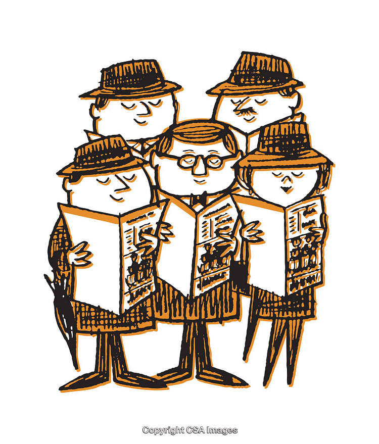 Group of Individuals Reading Newspapers in Cartoon Illustration Style