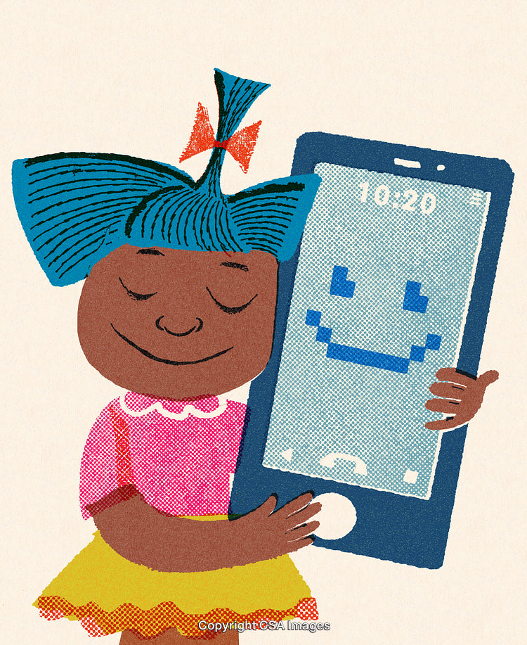 Illustrated Child Holds Smartphone With Smiling Face Display