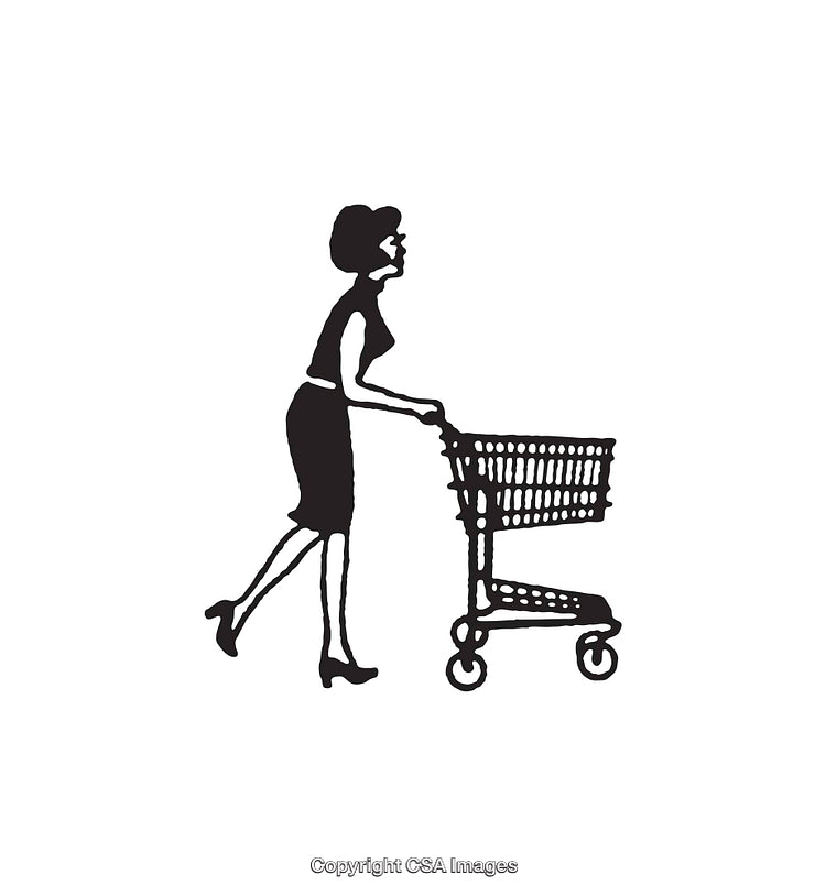 Black And White Illustration of Woman Shopping With Cart
