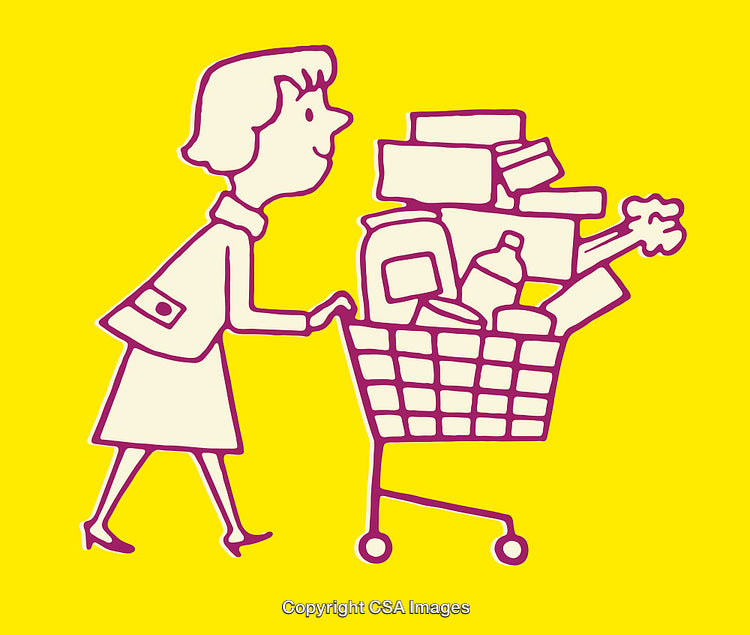 Retro Style Illustration of Woman Pushing a Cart Full of Groceries