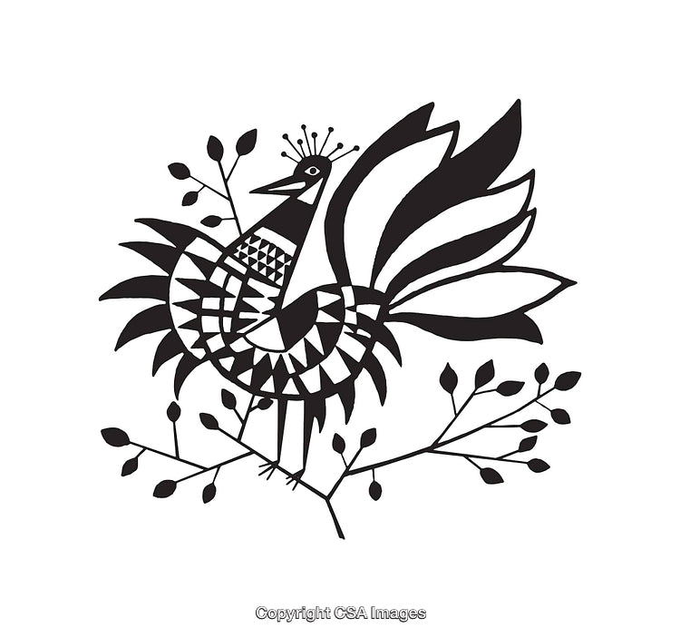 Stylized Black and White Bird Illustration with Geometric Details
