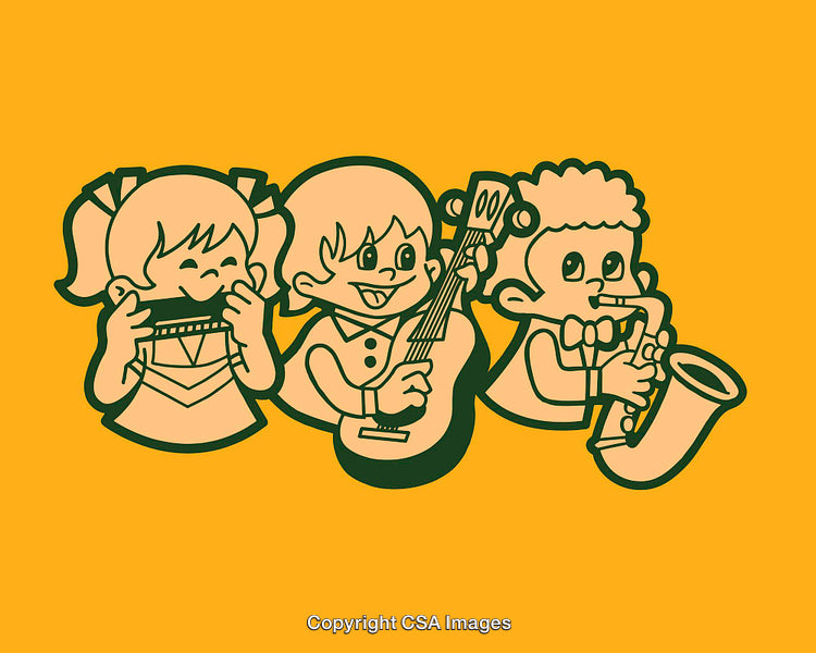 Cartoon Illustrations of Kids Playing Musical Instruments in Line Art Style