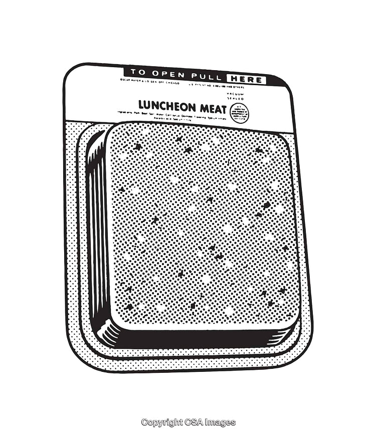 Retro Black and White Line Art of Luncheon Meat Packaging