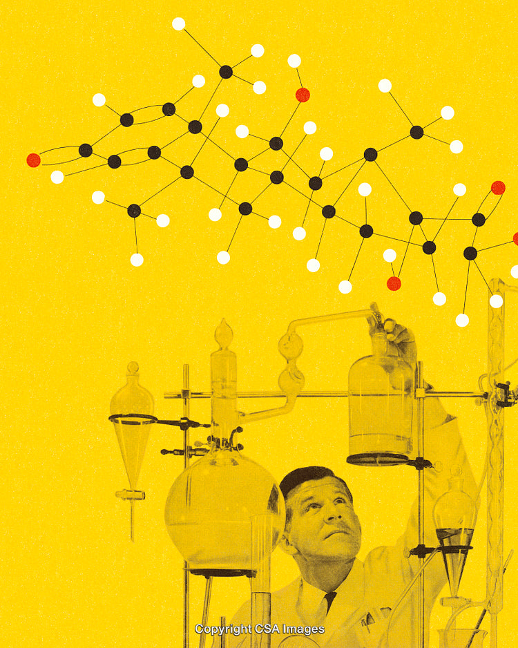 Scientist Conducting Experiment with Molecular Structure Diagram on Yellow Background