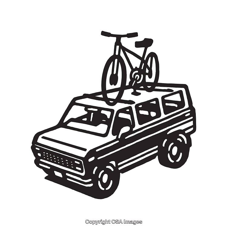 Retro SUV With Bicycle Illustration in Black and White Line Art Style