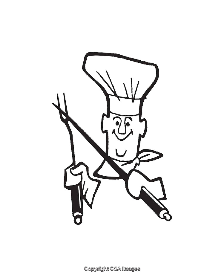 Playful Line Art Illustration of a Happy Chef Holding Utensils