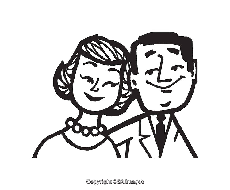 Retro Black and White Illustration of Smiling Couple